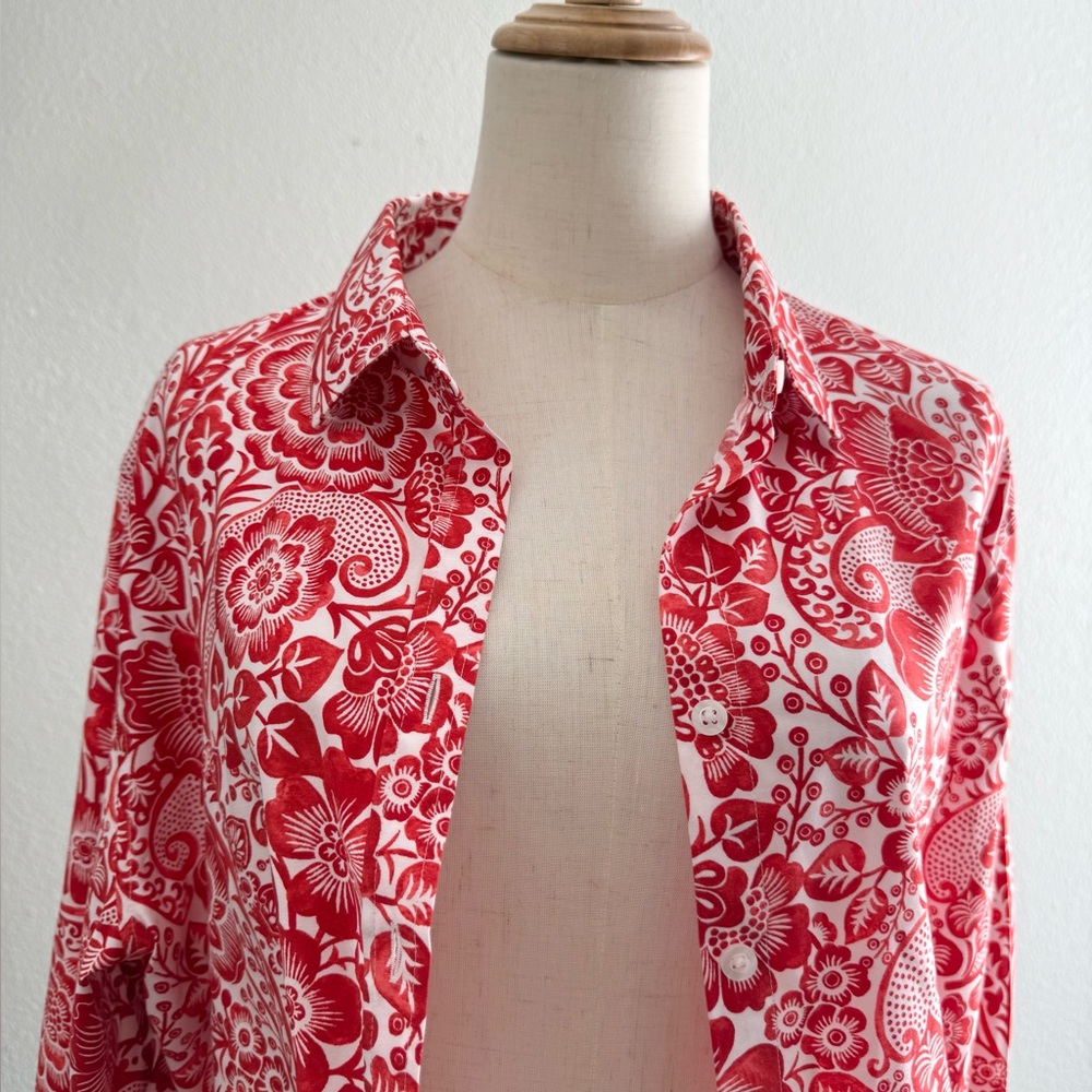 Chico's Red & White Floral Print Button-Down Shirt - Picture 3 of 6